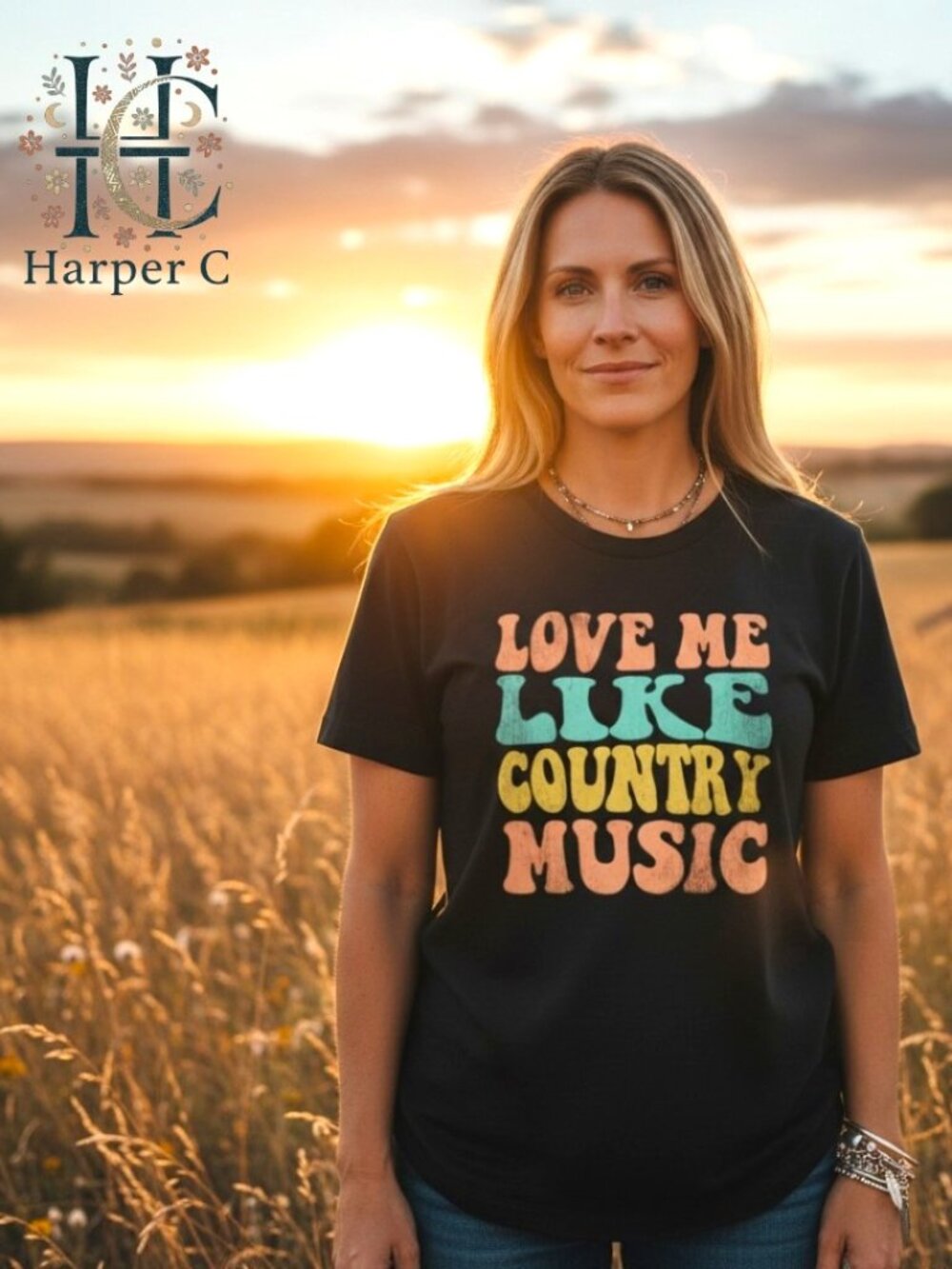 👉 Love Me Like Country Music Graphic Tee Womens Black Western Cowgirl Boho Text